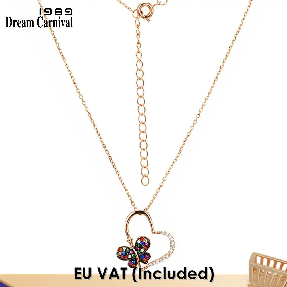

DreamCarnival1989 Happy Heart Butterfly Pendant Necklace Women Love All Silver Rose Gold Sharp Shiny Zircon Bijoux Gift SN11836R