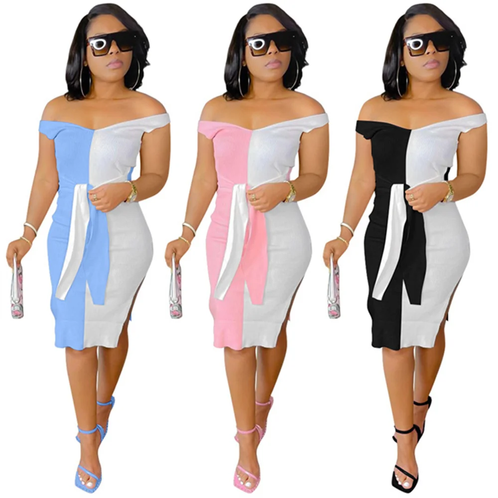 

RStylish Summer 2021 New Off Shoulder Short Sleeve Patchwork Women Sexy Evening Party Bandage Midi Dress