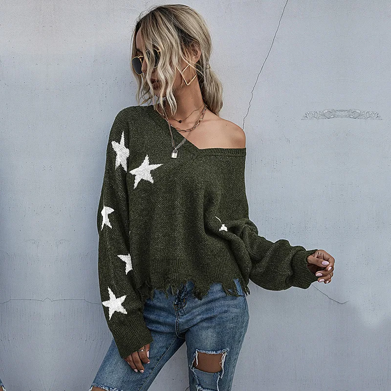 

Women's sweater knitted autumn winter 2021 star pattern V-neck tassel loose Pullover long sleeve top Women sweater