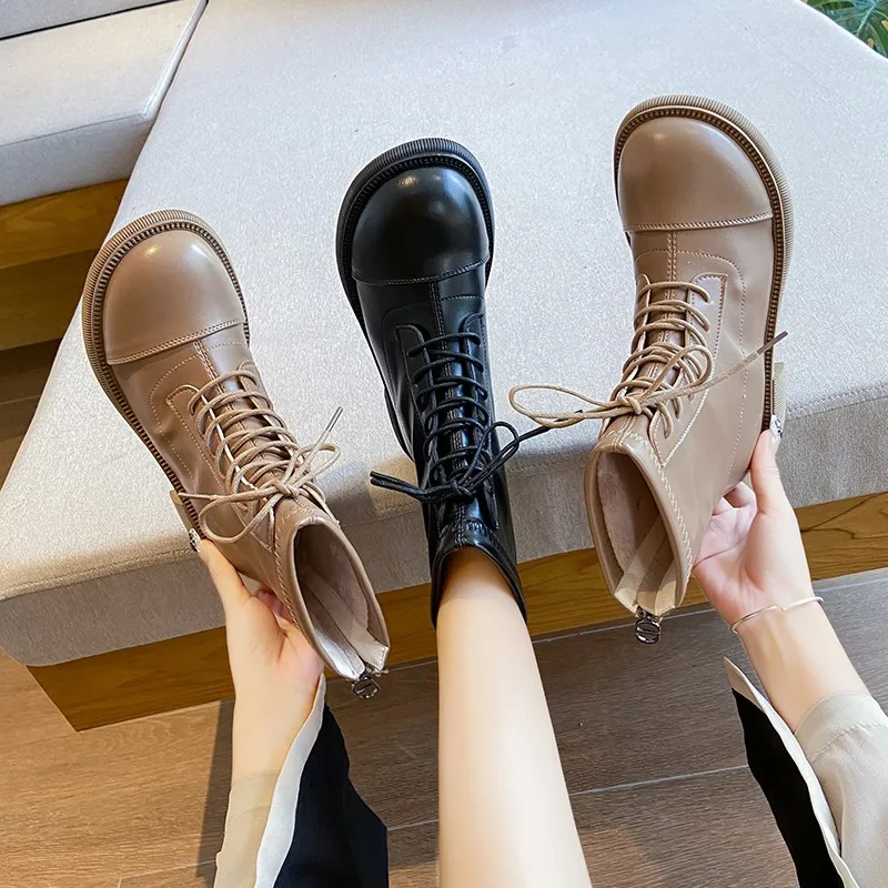New Women's Motorcycle Boots Women's Fashion Lace-up Mujer Ankle Boots Sports Platform Square Heel Women's Shoes