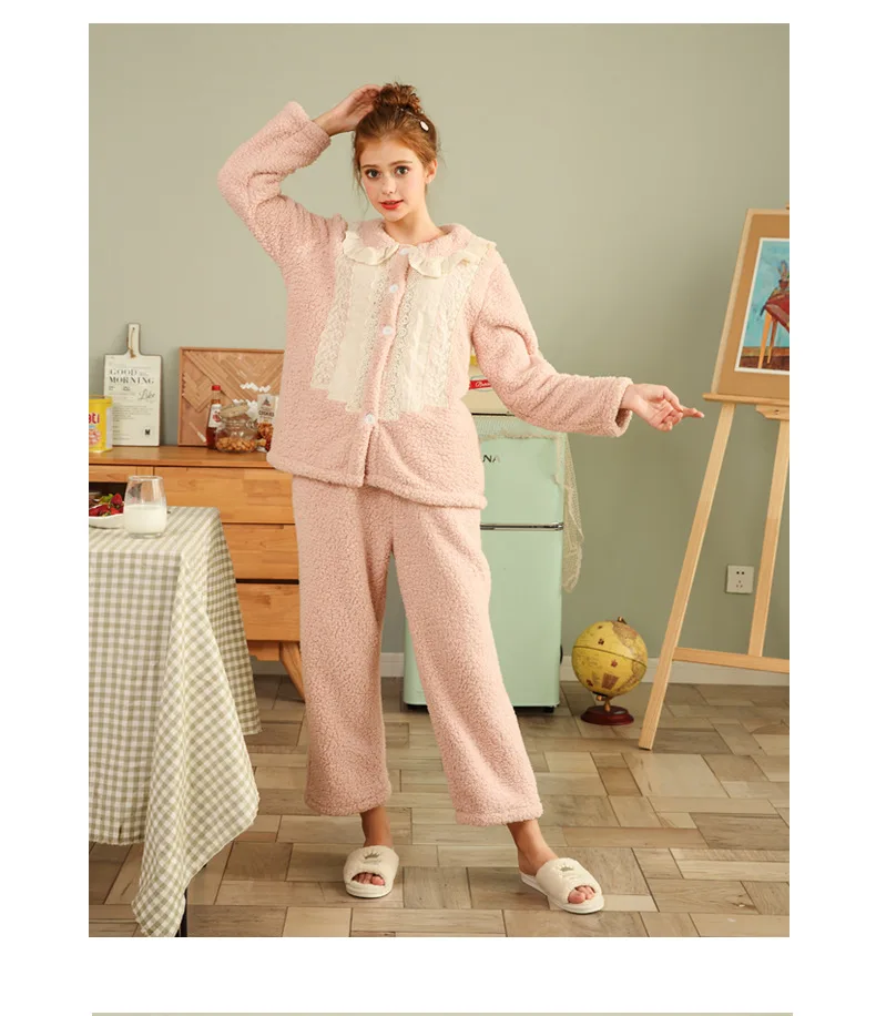 

Pajamas Winter Thickening Autumn Pj Sets for Women Long Sleeve Sexy Cute Bubble Fleece Two Piece Pajamas Ladies Home Wear