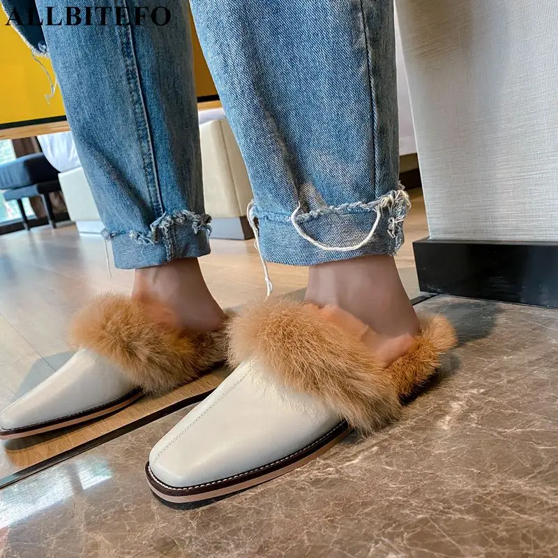 

Размер 34-40 модные милые домашние натуральные кроличьи волосы натуральная кожа зимние сохраняющие тепло современные шлепанцы на низком каб...