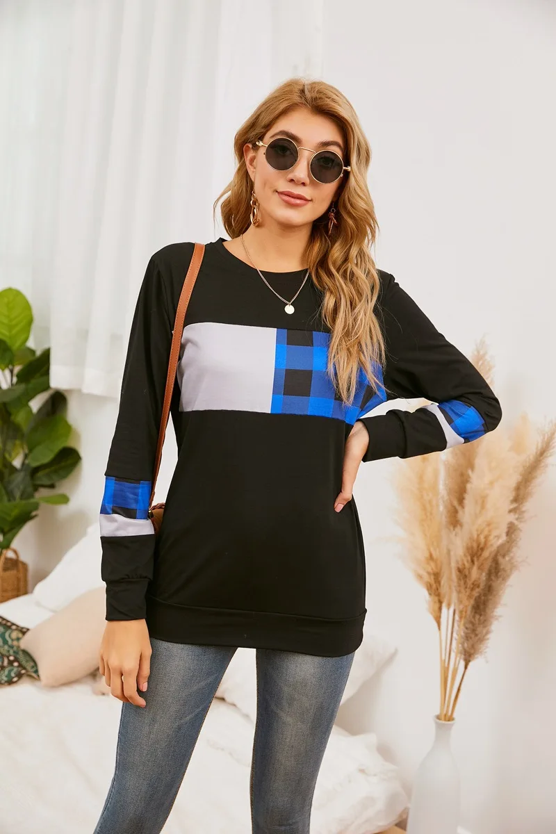 

2021 women's spring and summer new Plaid long sleeve splicing round neck T-shirt
