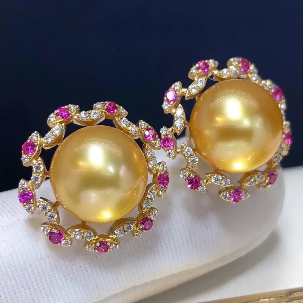 D215 Fine Jewelry Pure 14 K Gold Natural Ocean Golden Pearls 11-10mm Stud Earrings for Women Pearl | Украшения и аксессуары
