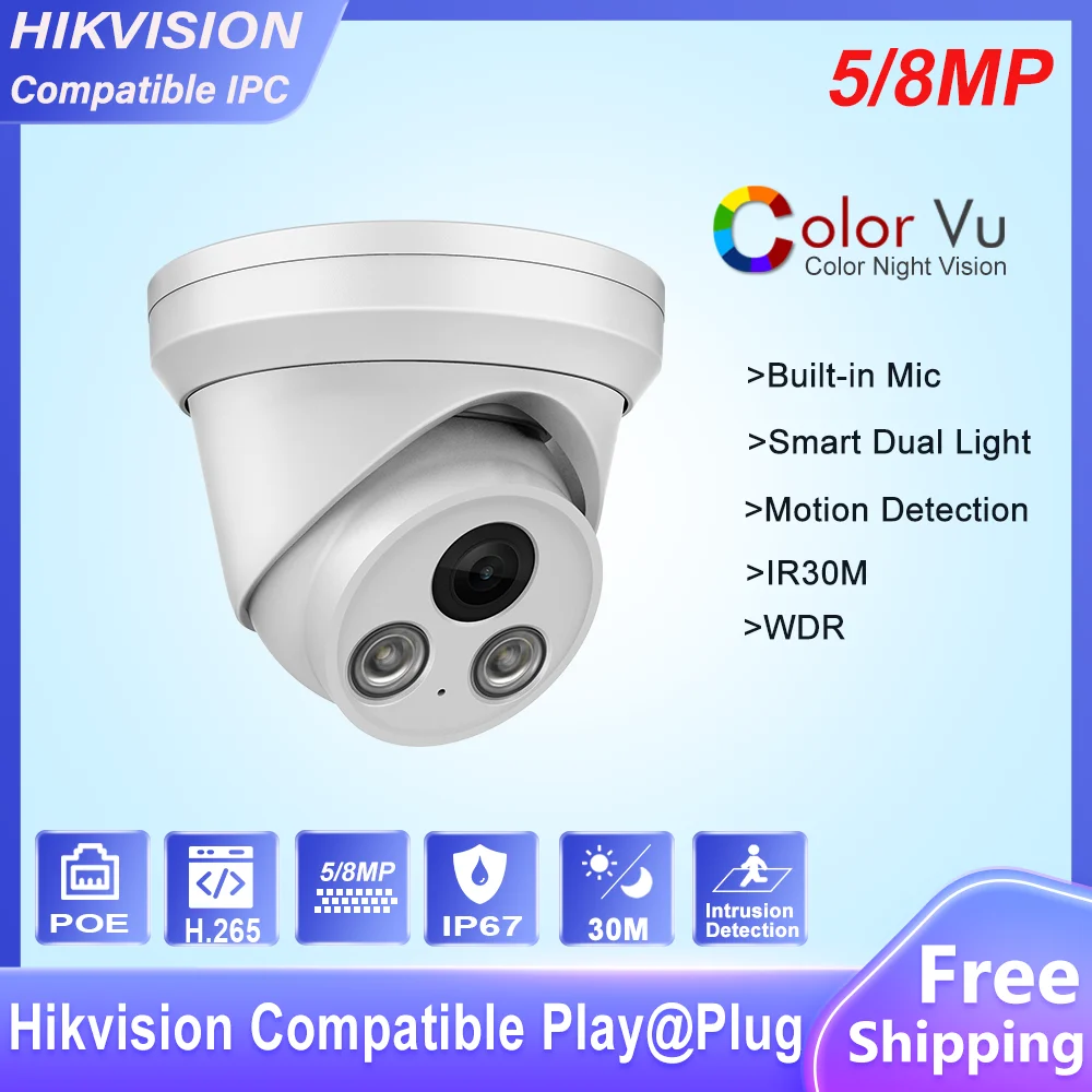 

Hikvision Compatible 5MP 8MP Dual Light Colorful Dome IP Camera Camera One Way Audio Human Detection IR30M Security CCTV Camera