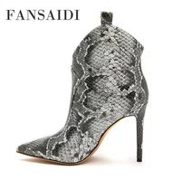 fansaidi winter pointed toe stilettos heels high heels red clear heels snakeskin party shoes ankle boots ladies boots 43 44 45