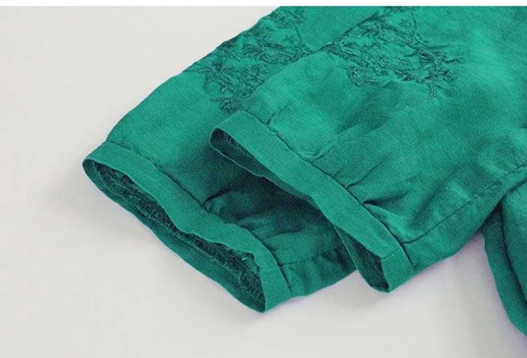 Женская льняная блузка с вышивкой Повседневная Свободная зеленого и белого