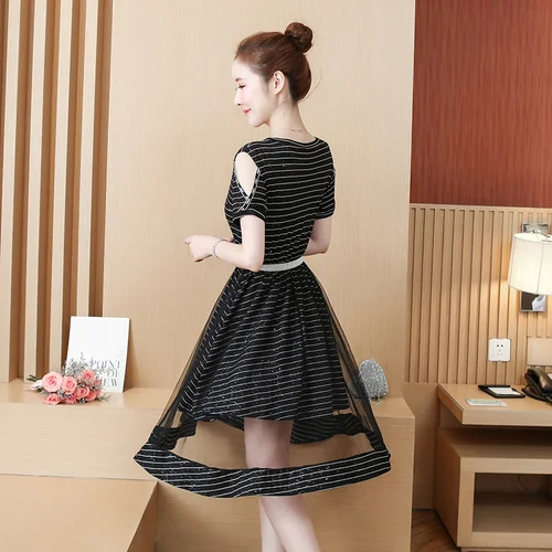 Женское винтажное платье с открытыми плечами Сетчатое составного кроя в полоску