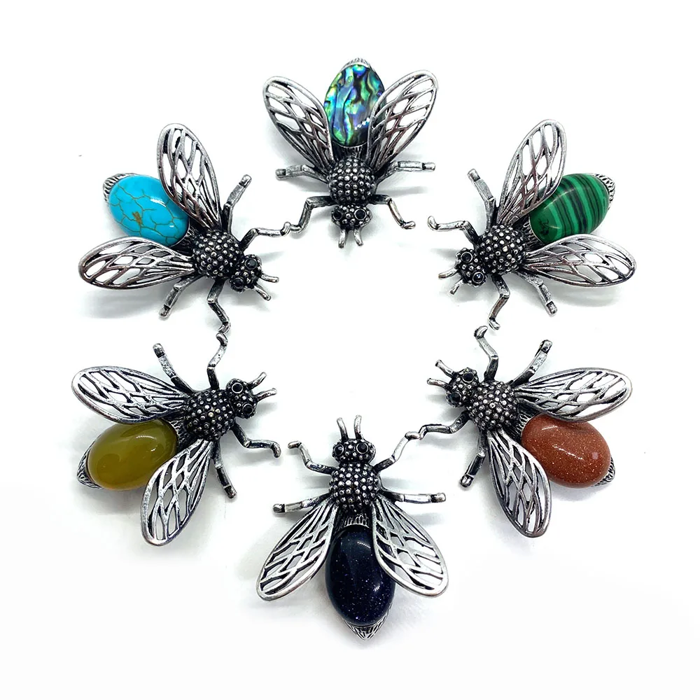 

Natural Semi-precious Stone Insect Brooch Pins Badge Alloy Amethysts Shell Pendant for DIY Making Jewelry Clothing Accessories