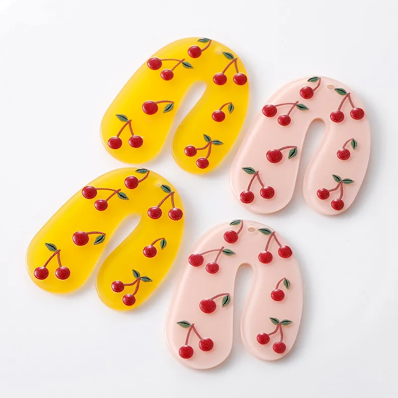 

New 30pcs/lot Relief effect cherry pattern print geometry letter U shape acrylic beads diy jewelry earring/garment accessory