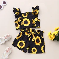 kids baby girls summer fly sleeve sunflower tops t shirts belt bow short pants toddler children fashion clothes sets 2pcs 18m 6y