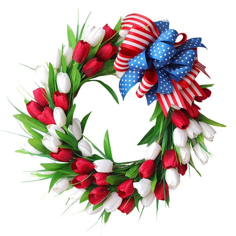 

Венок из искусственных тюльпанов, летний венок с зелеными листьями для входной двери, окна, стены, свадьбы, вечеринки, фермерский Декор для д...