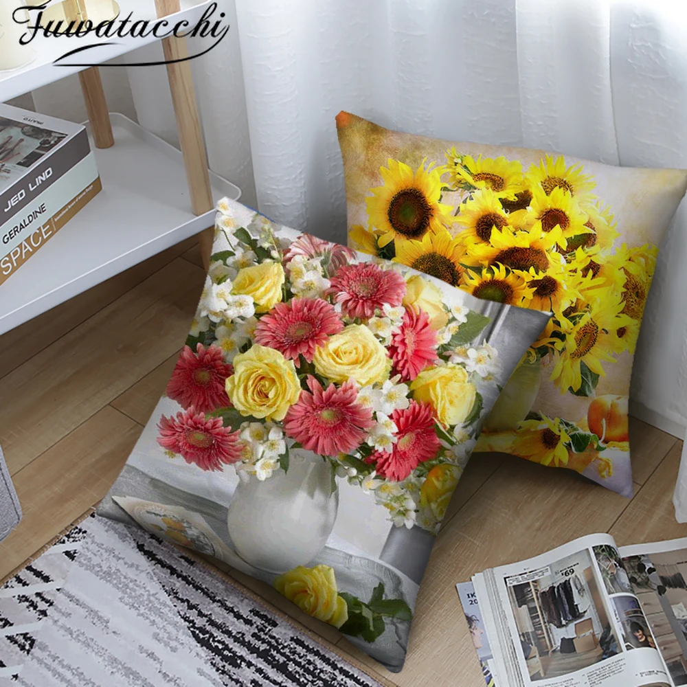 

Fuwatacchi Colorful Sunflower Soft Cushion Cover Rose Flower Pillows Covers for Home Sofa Chair Decorative Pillowcases 45*45cm