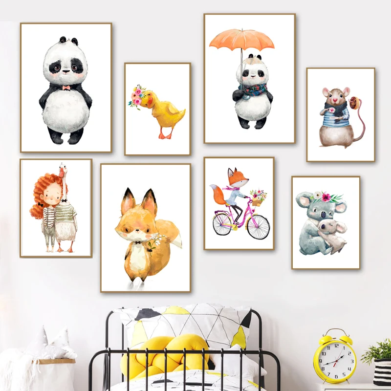 Постер в скандинавском стиле с изображением девочки утки лисы панды кролика