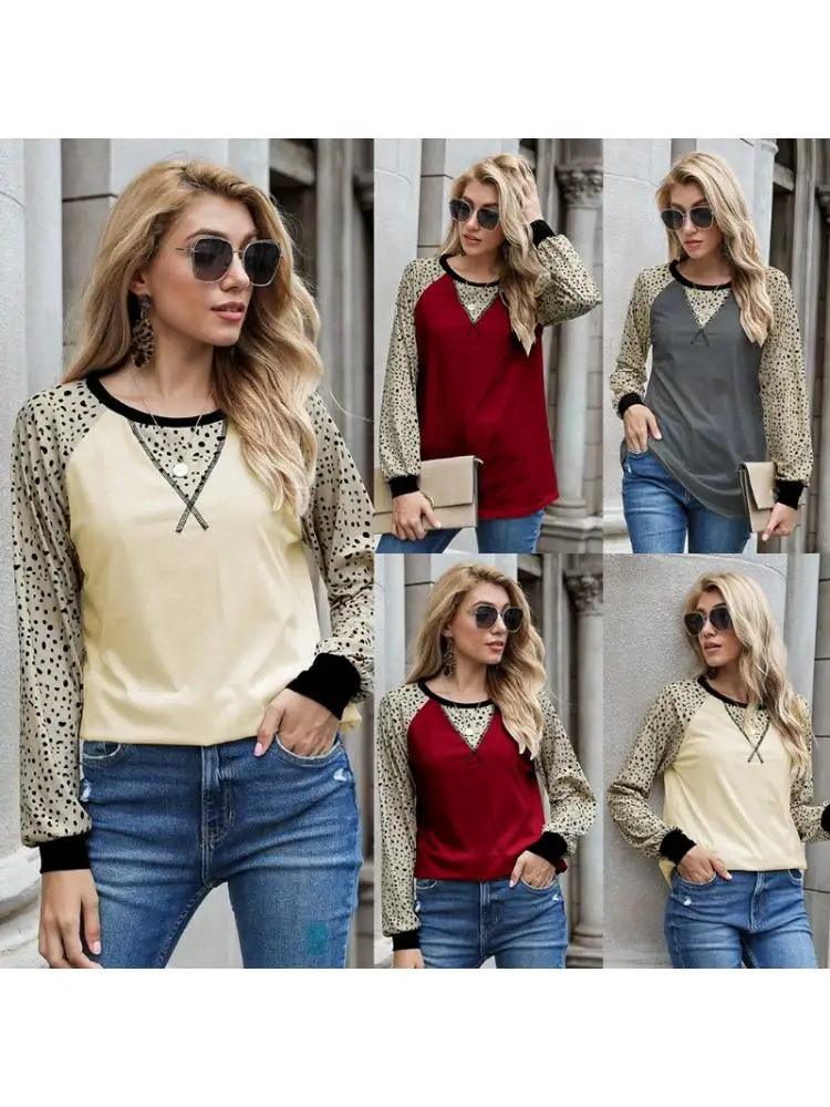 

Women Raglan Long Sleeve O-Neck T-Shirt Leopard Color Block Cross Striped Tops