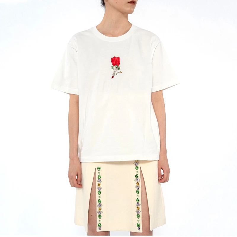 

Белая хлопковая Футболка с круглым вырезом и коротким рукавом, новинка 2021, летняя женская футболка ручной работы в тяжелой промышленности с...