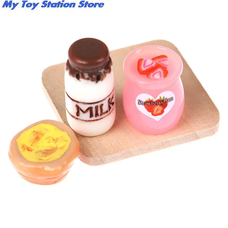 1set oll House Food Milk Bread Basket Bottles Breakfast Wood Board 1:12 Dollhouse Miniature Kitchen Toy Accessories | Игрушки и хобби