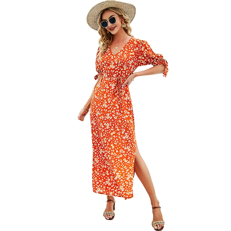

Summer Sexy V Neck Party Dress Women Elegant Gorgeous Floral Prints A-Line Dress Fashion Short Sleeve Slit Long Dresses trend