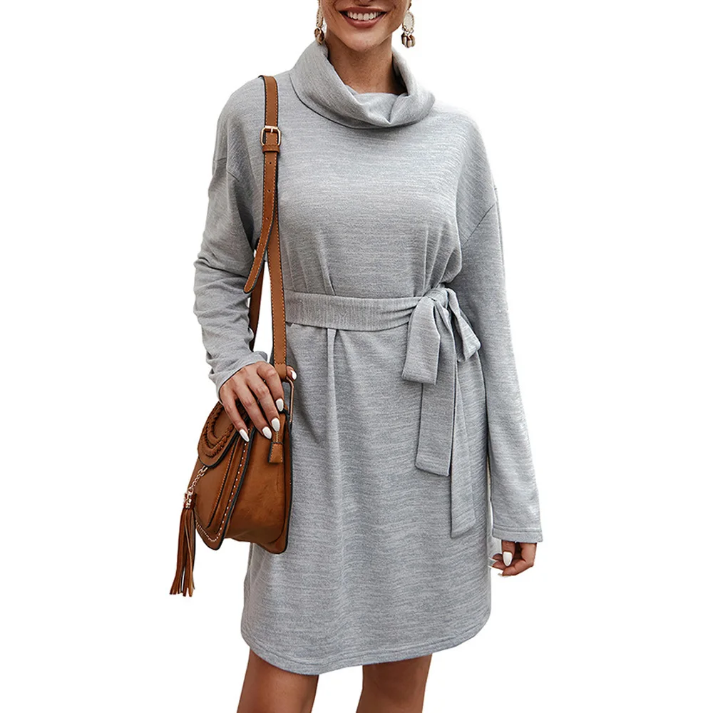 

Pile collar autumn winter long-sleeved Women sweater dress Sashes Solid Color Turtleneck Dresses
