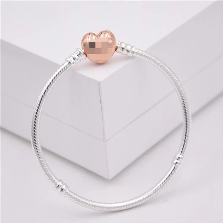 

925 Sterling Silver pan Bracelet Rose Love Heart Clasp Snake Chain Bangle Fit Women Bead Charm Diy Fashion Jewelry