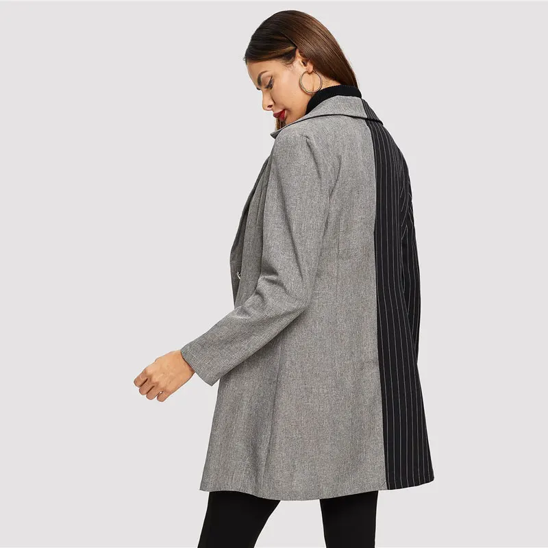 ROMWE Notch Collar Colorblock Striped Coat Women Blazer Autumn Fashion Ladies Jackets Fall Elegant Black Double Breasted Blazer