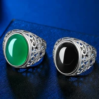 classic silver plated mens ring hollow carved flower anniversary oval greenblack gems crystal engagement ring business jewelry