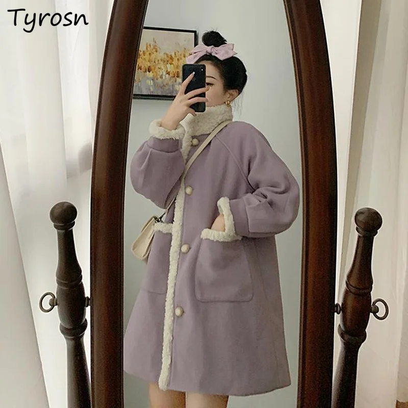 

Wool Blends Women Sweet Purple Design Patchwork Lambswool Warm Winter Coats Princess Preppy Style Single Breasted Woolen Outwear