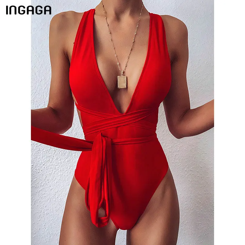 

2021 Sexy Plunging Swimsuit One Piece High Cut Swimwear Women Cross Bandage Beachwear Summer Backless Bathing Suit Women