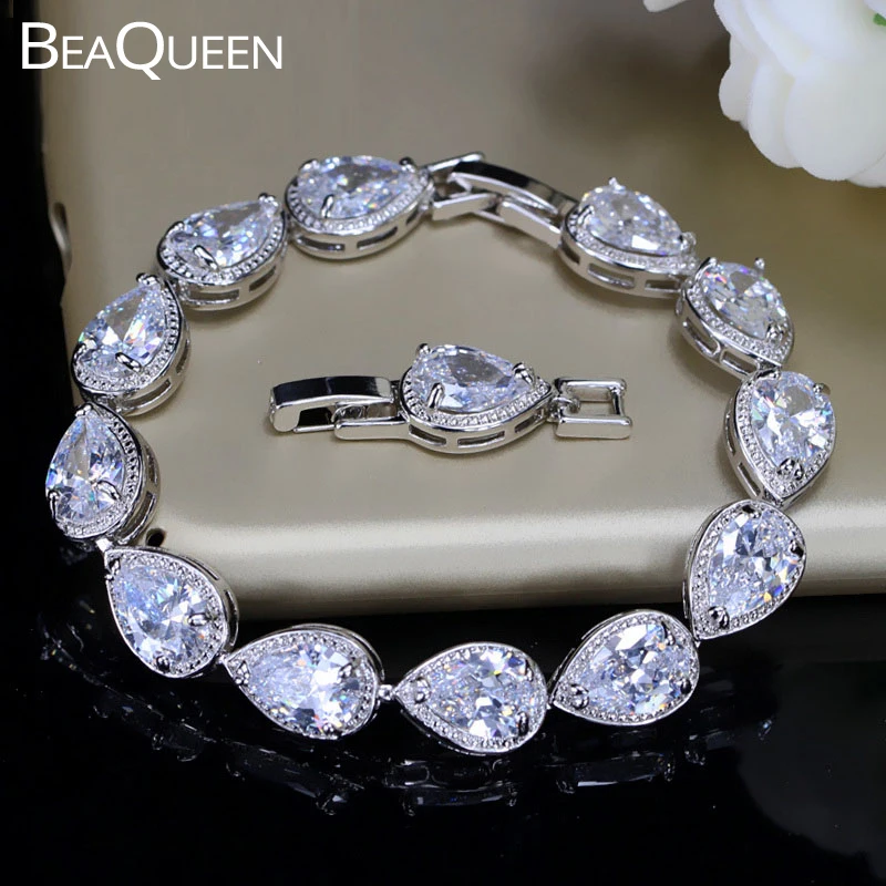 

BeaQueen Exquisite African CZ Women Wedding Jewelry Big Water Drop Crystal Cubic Zircon Bridal Bracelet for Bridesmaid B008