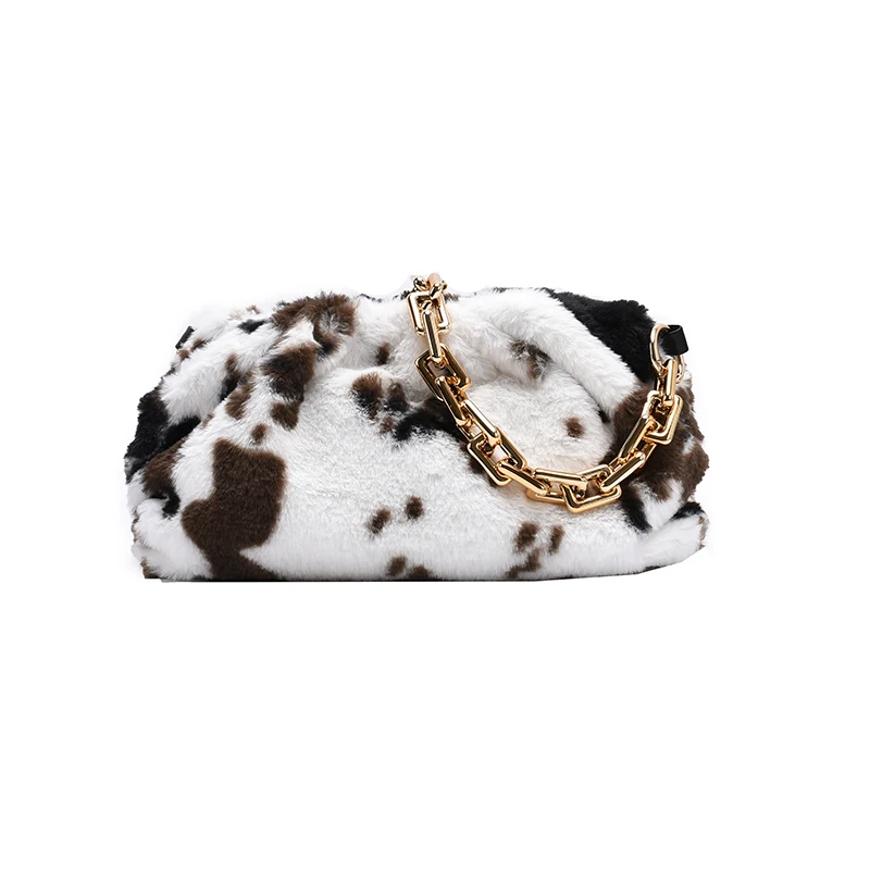 

Soft Cow Pattern Faux Fur Small Shoulder Bags for Women 2021 Winter Branded Chain Handbags Fashion Trending