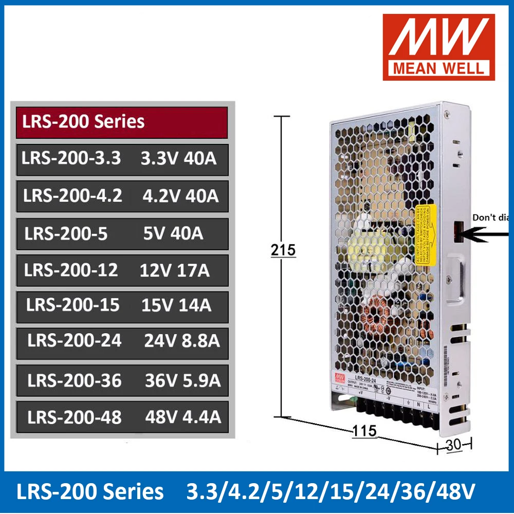 

Original Mean Well LRS-200 12V 24V Single Output Switching Power Supply 3.3 4.2 5 12 15 24 36 48V Meanwell SMPS LRS-200-24