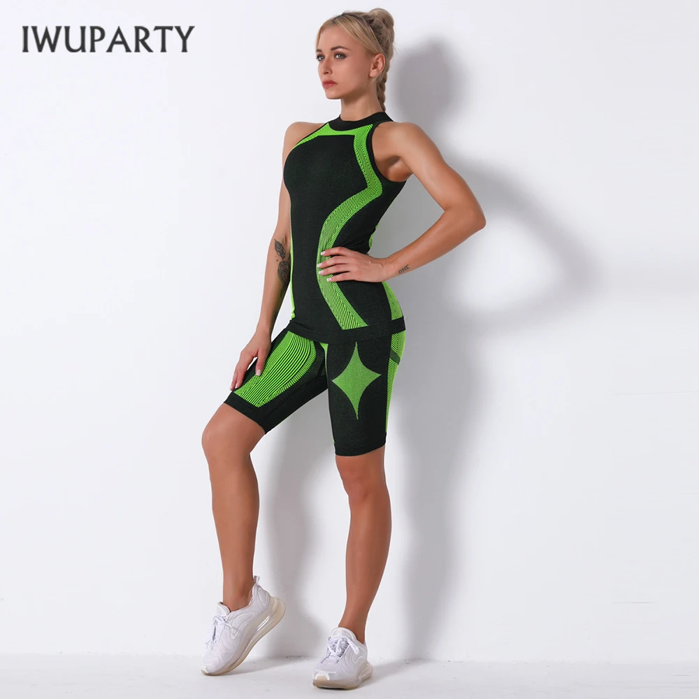 

IWUPARTY Fitness Sport GYM Set Seamless Women Joga Sets Sleeveless Top Clothing Female Sport Shorts Wear Running Biker Suit