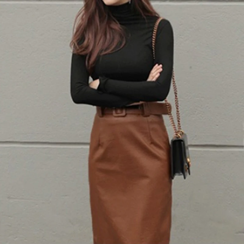 

Korean Harajuku Bottoming Shirt Women Solid Color High Collar Slim Bottoming Women Shirts Black Long-sleeved Girlfriends Blouse