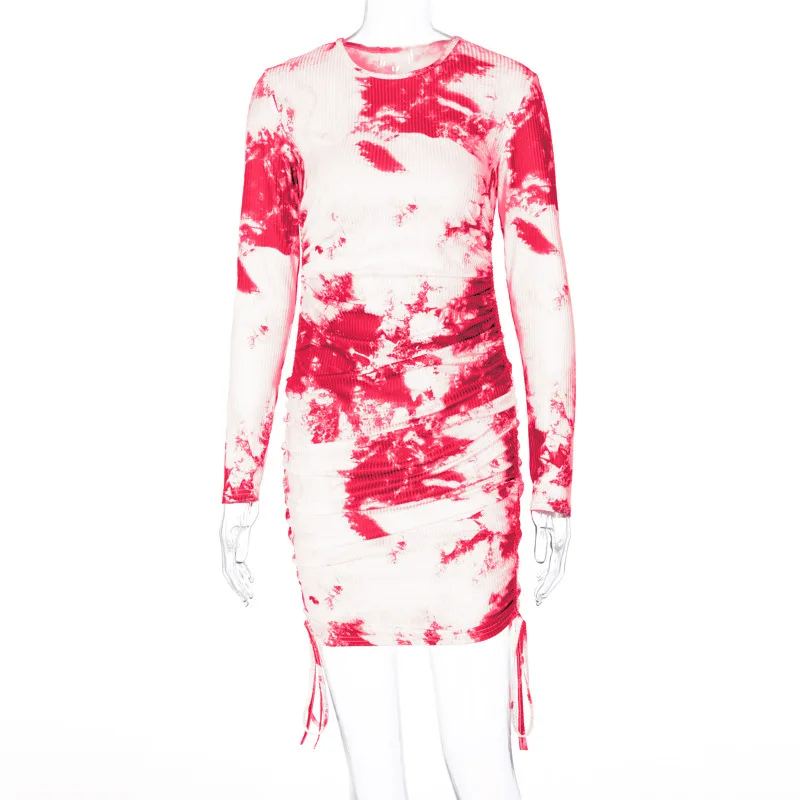 

Printed Drawstring Lace-up Dress 2020 Autumn New Long-Sleeved Fashion Skirt Women