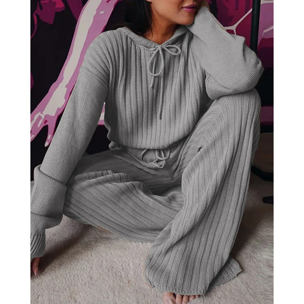 Women Solid Knitted Tracksuit Two-piece Set Hooded Sweater Long Wide Leg Trousers Ladies Fashion Suits Streetwear | Спорт и