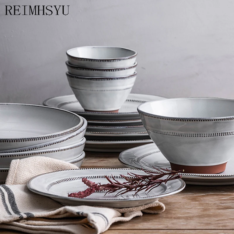 

RELMHSYU Japanese Style Ceramic 2/4/6 Person Home Rice Soup Bowl Round Steak Dessert Dinner Plate Dish Tableware Set