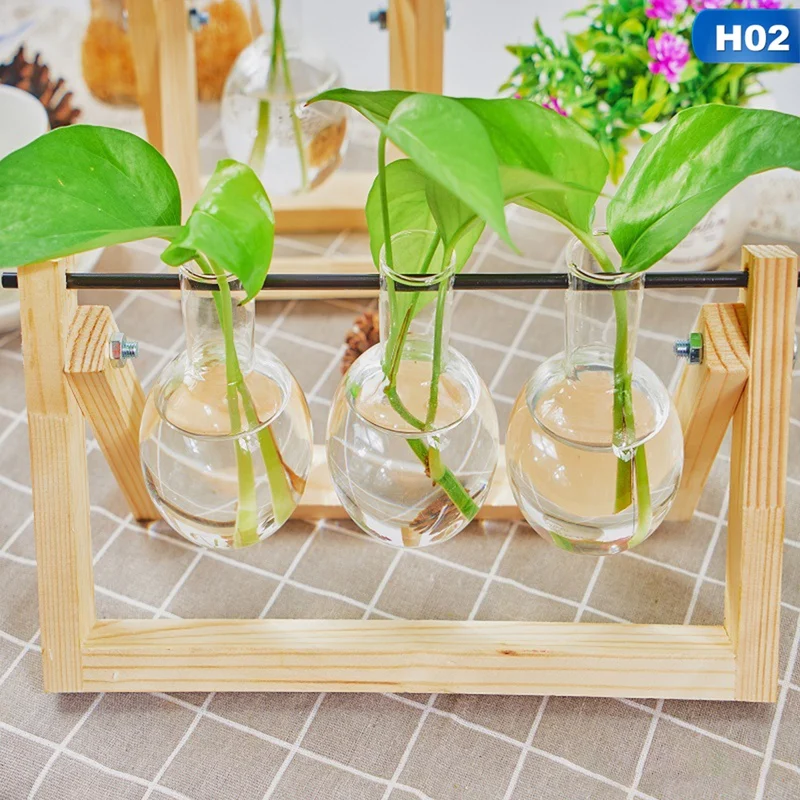 

Plant Terrarium with Wooden Stand Air Planter Bulb Glass Vase Metal Swivel Holder Retro Tabletop