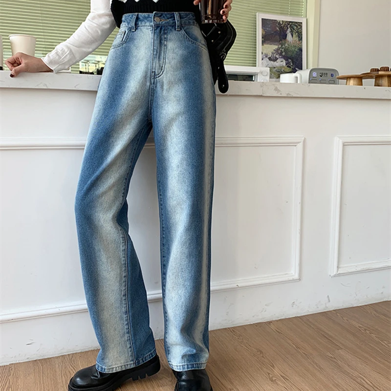 

REALEFT 2021 New Summer Vintage Gradient Wide Leg Women Jeans Casual Pants Full Length Female Denim Washed Loose Trousers Mujer