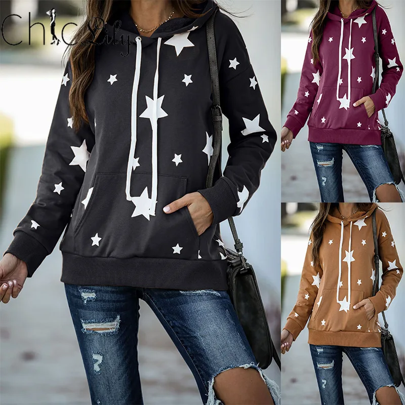 

Chiclily Star Printed Long Sleeve Hooded Sweatshirt for Girls Solid Colour Casual Oversized Spring Autumn Tops