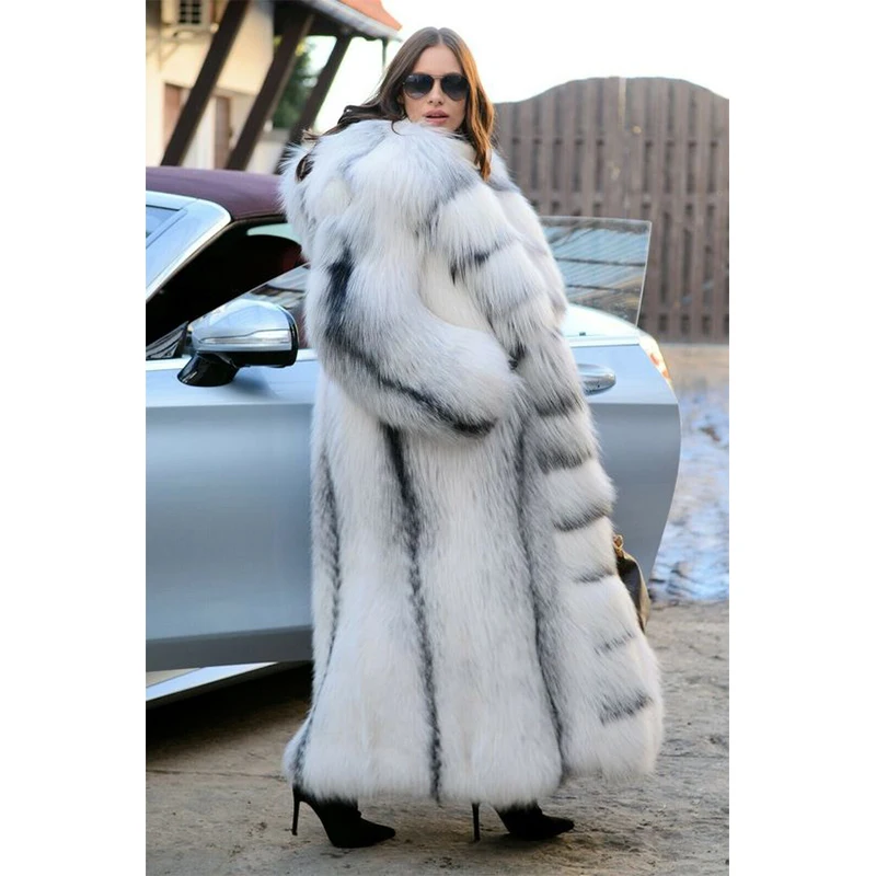 2021 Luxury Natural Real Cross Fox Fur Women Coats & Fur Hood 130CM Long Winter Genuine Full Pelt Fox Fur Jacket Female