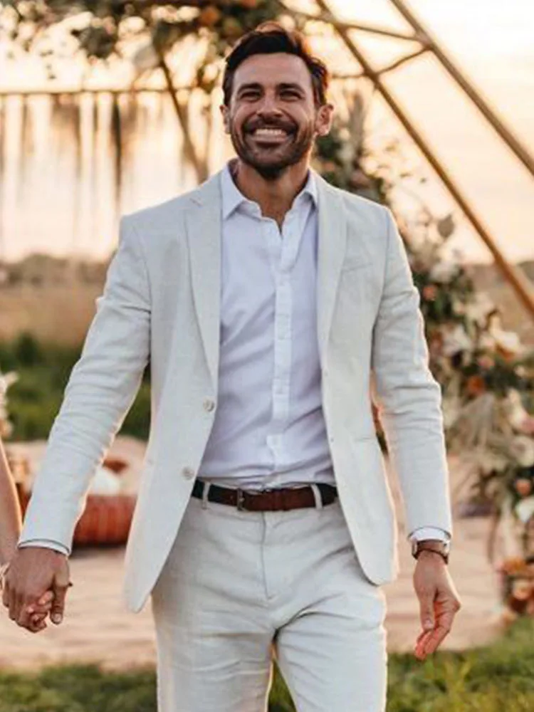 

ANNIEBRITNEY Ivory 2 Piece Men Slim Fit Business Linen Summer Suit 2020 Summer Groom Wedding Tuxedo Tailor Made Casual Men Suit