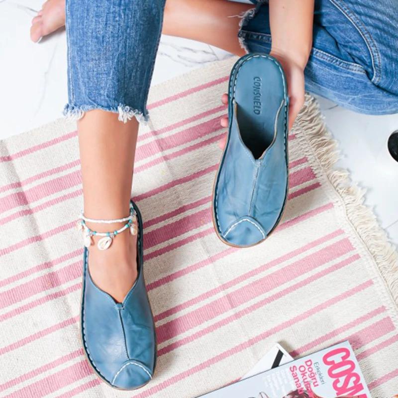 

Women Round Toe Low Heel Slide Sandals Summer Slipper Cane Woven Beach Shoes Woman Mule Flat Sandals sandalia feminina