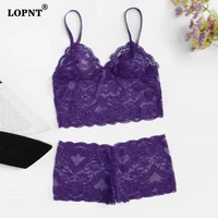 lopnt womens sexy lingerie lace perspective underwear printing hollow out breathable bra set sling top panties female sleepwear