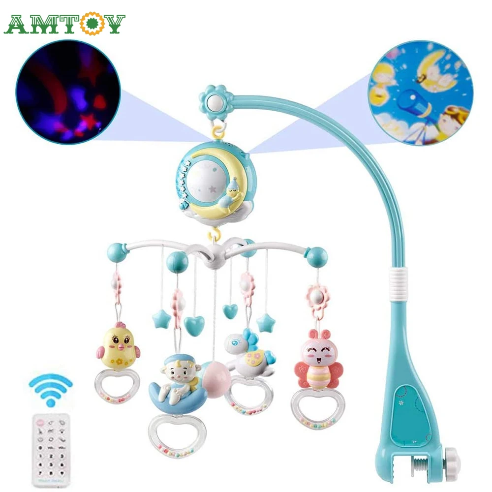 AMTOY Baby Rattles Crib Mobiles Toy Holder Rotating Mobile Bed Bell Musical Box Projection 0-12 Months Newborn Infant Toys | Игрушки и