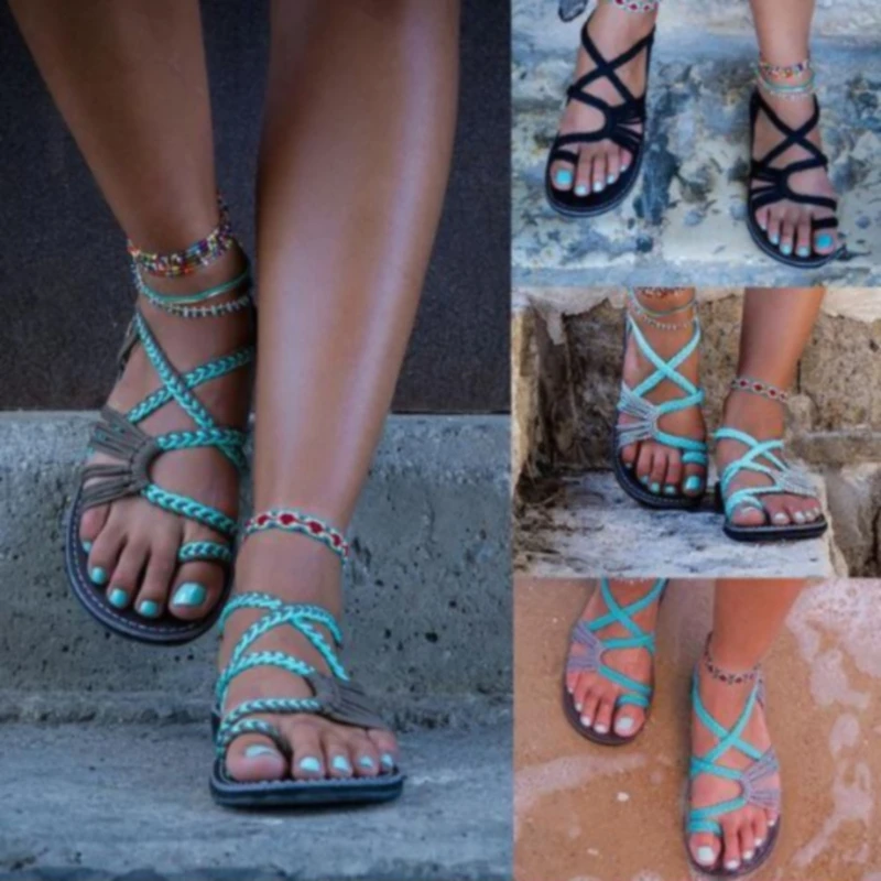 

2020 Roman Summer Sandals Explosion Color Matching Rope Knot Beach Toe Sandals Women Plus Size 35-43