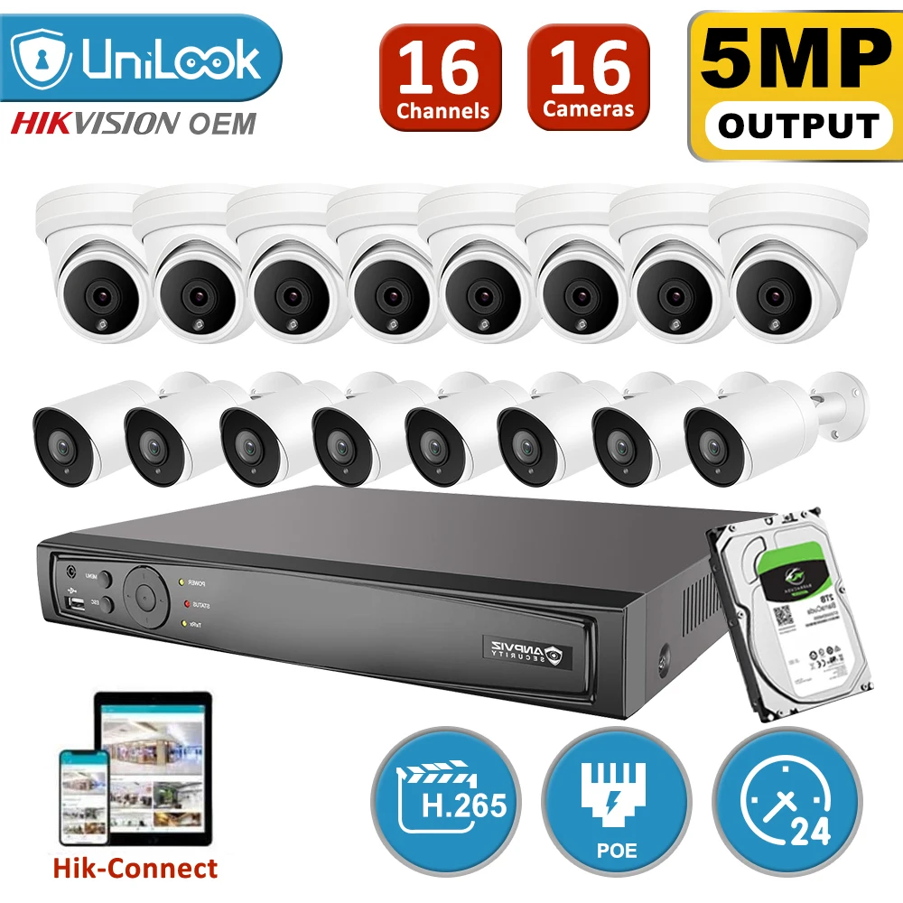 

UniLook Security System 16CH NVR 16Pcs 5MP Turret Bullet Mixed POE IP Outdoor Camera NVR Kit IR Nivht Vision P2P View H.265+