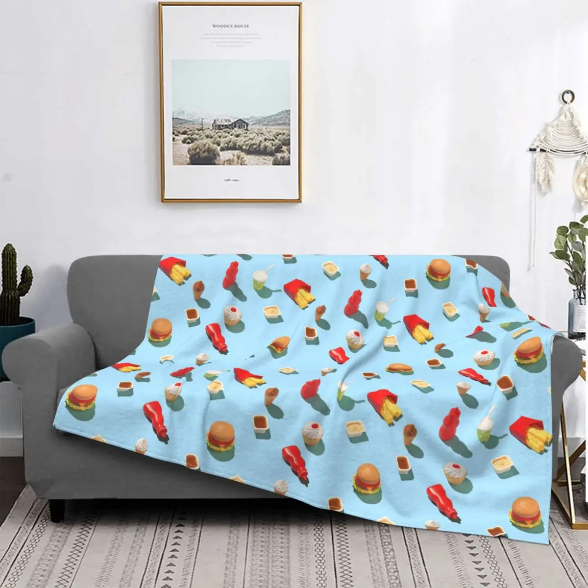 

Fast-Food-Muster Gestrickte Decke Hamburger Eis Fuzzy Decke Schlafzimmer Sofa Tragbare Weiche Warme Bettdecken