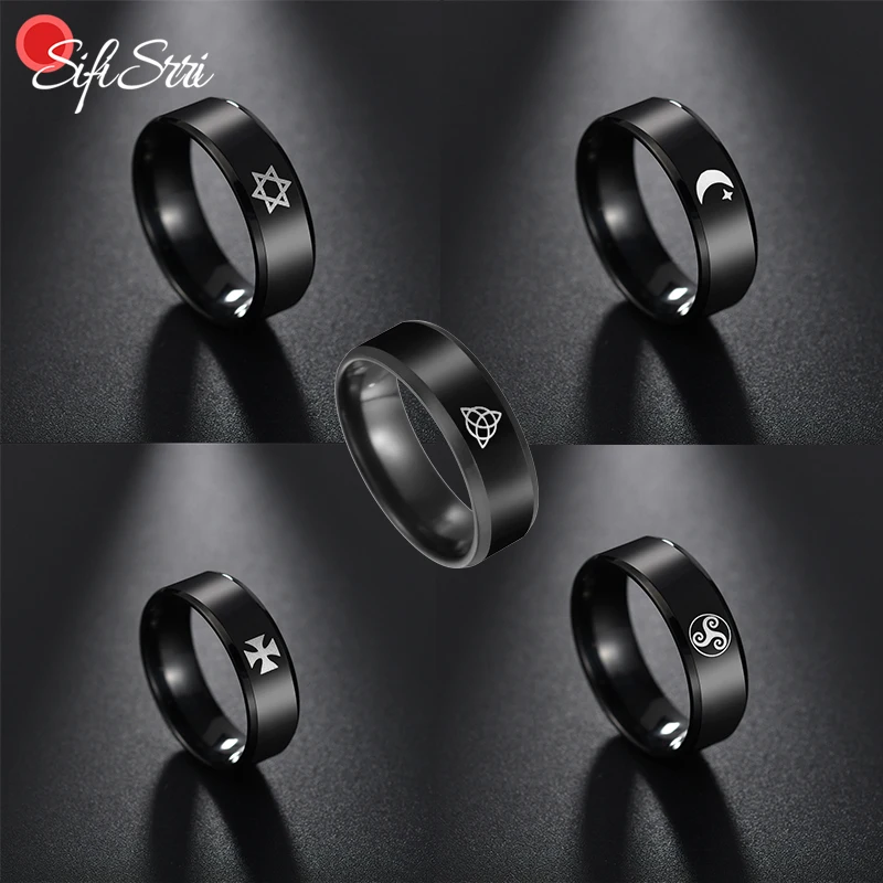 

Sifisrri One Piece 8mm Hexagram Cross Triskel Ring For Men Women Stainless Steel Band Male Solomon Birthday Gift Anillos Anneaux