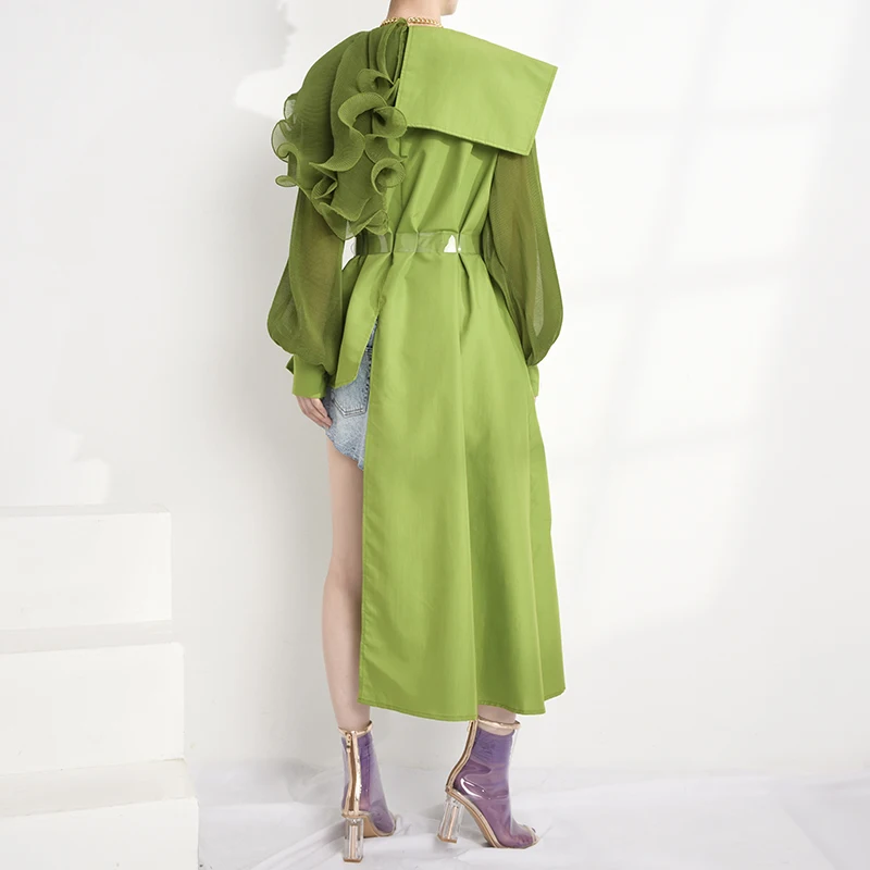 [EAM] женская зеленая плиссированная Асимметричная Длинная блузка новая свободная