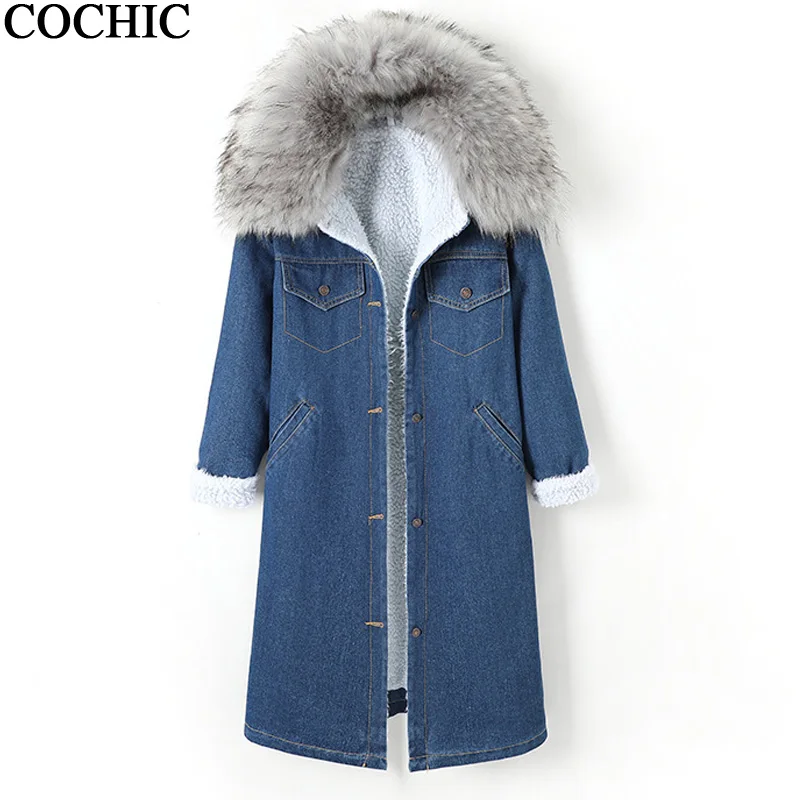 

Winter Long Parka Big Flaux Fur Collar Thick Warm Denim Jacket Plus Velvet Fleece Multi-pocket Pocket Women Plus Size Coat